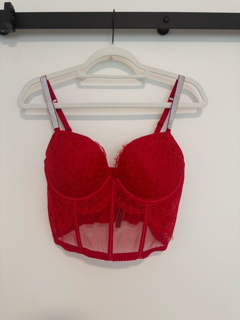 Victoria's Secret Red Lace Longline Bustier Bra with Rhinestone Straps